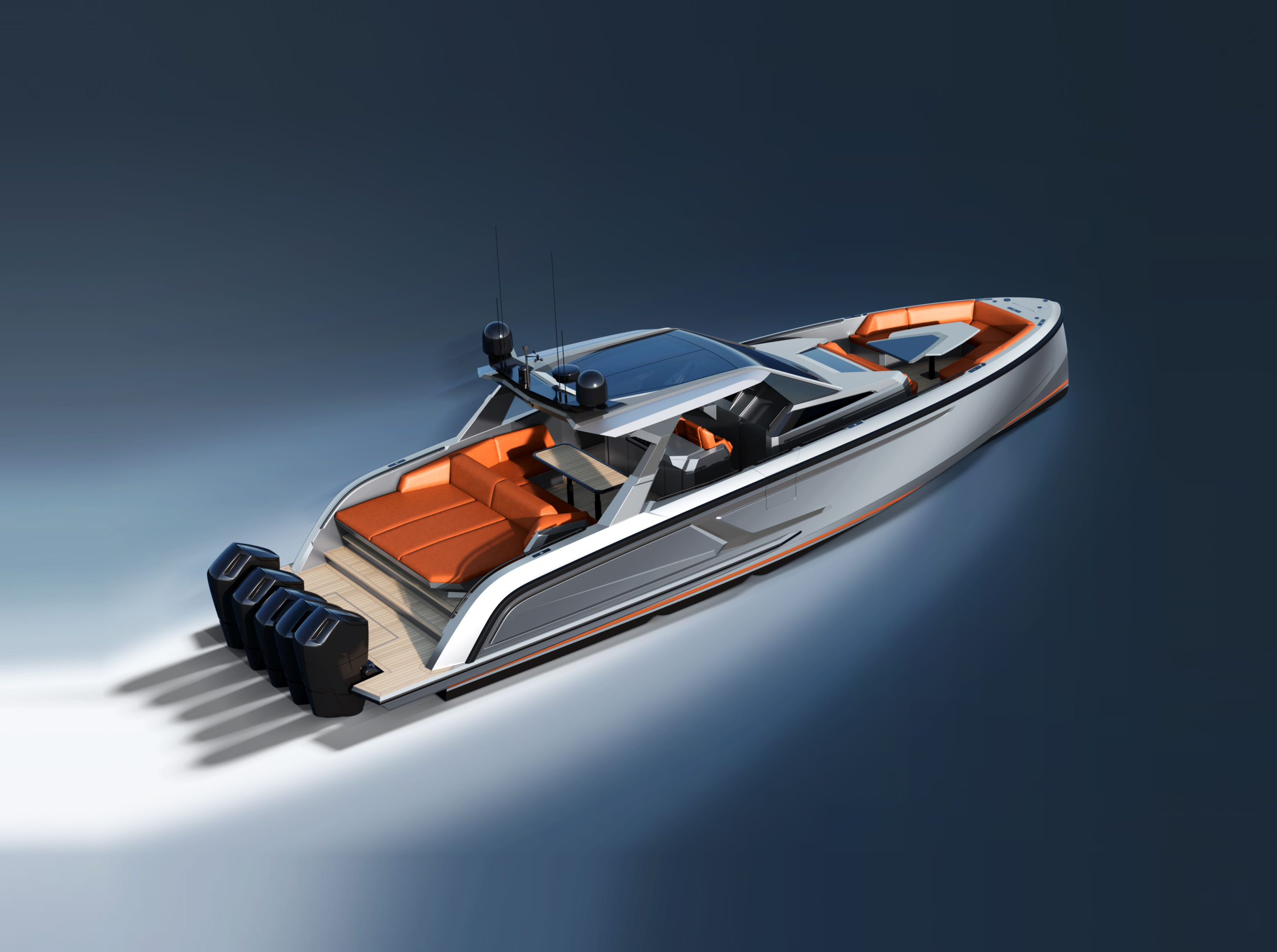 vanquish vq55 concept yacht gray orange side back view